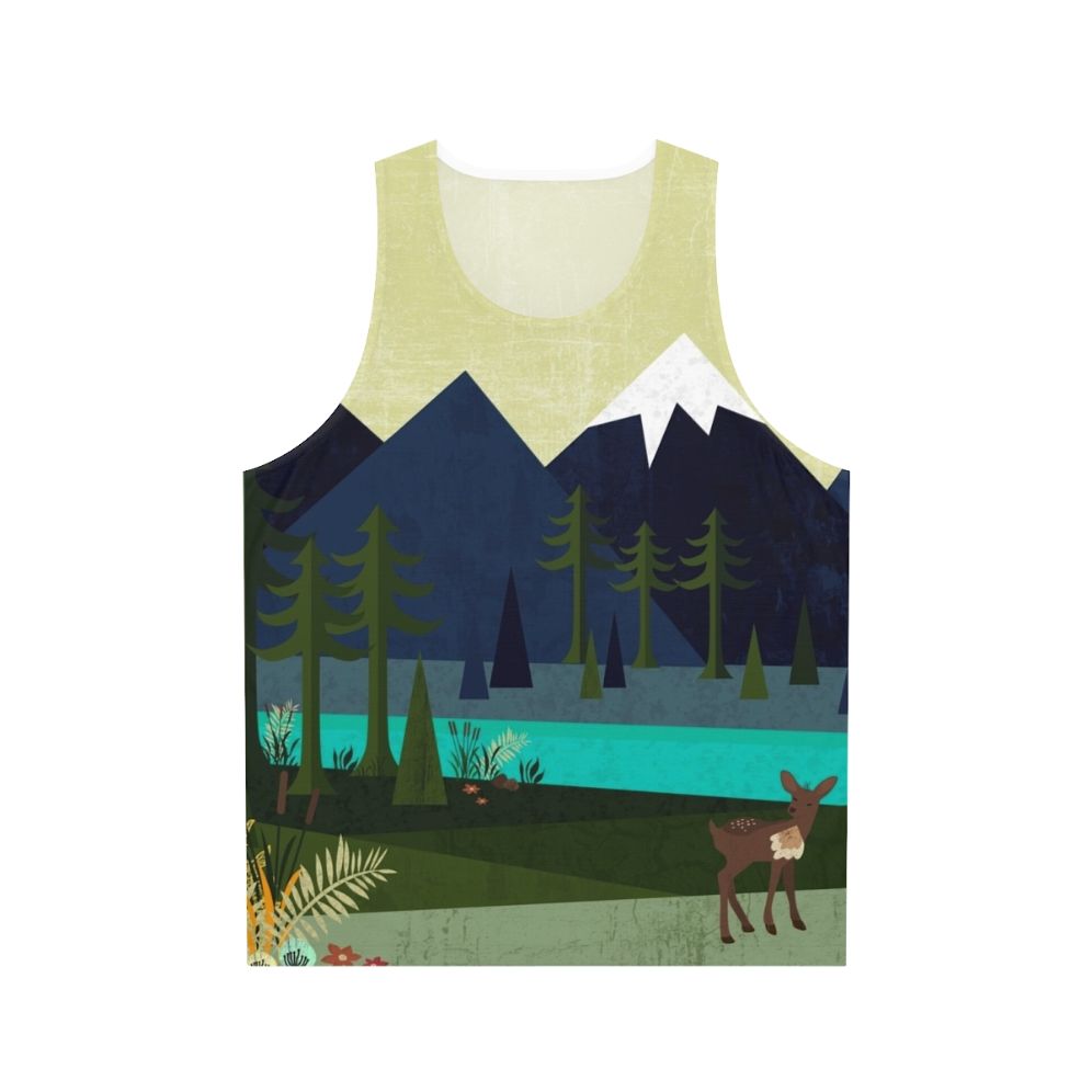 Unisex tank top with a nature-inspired forestscape design featuring deer and flowers