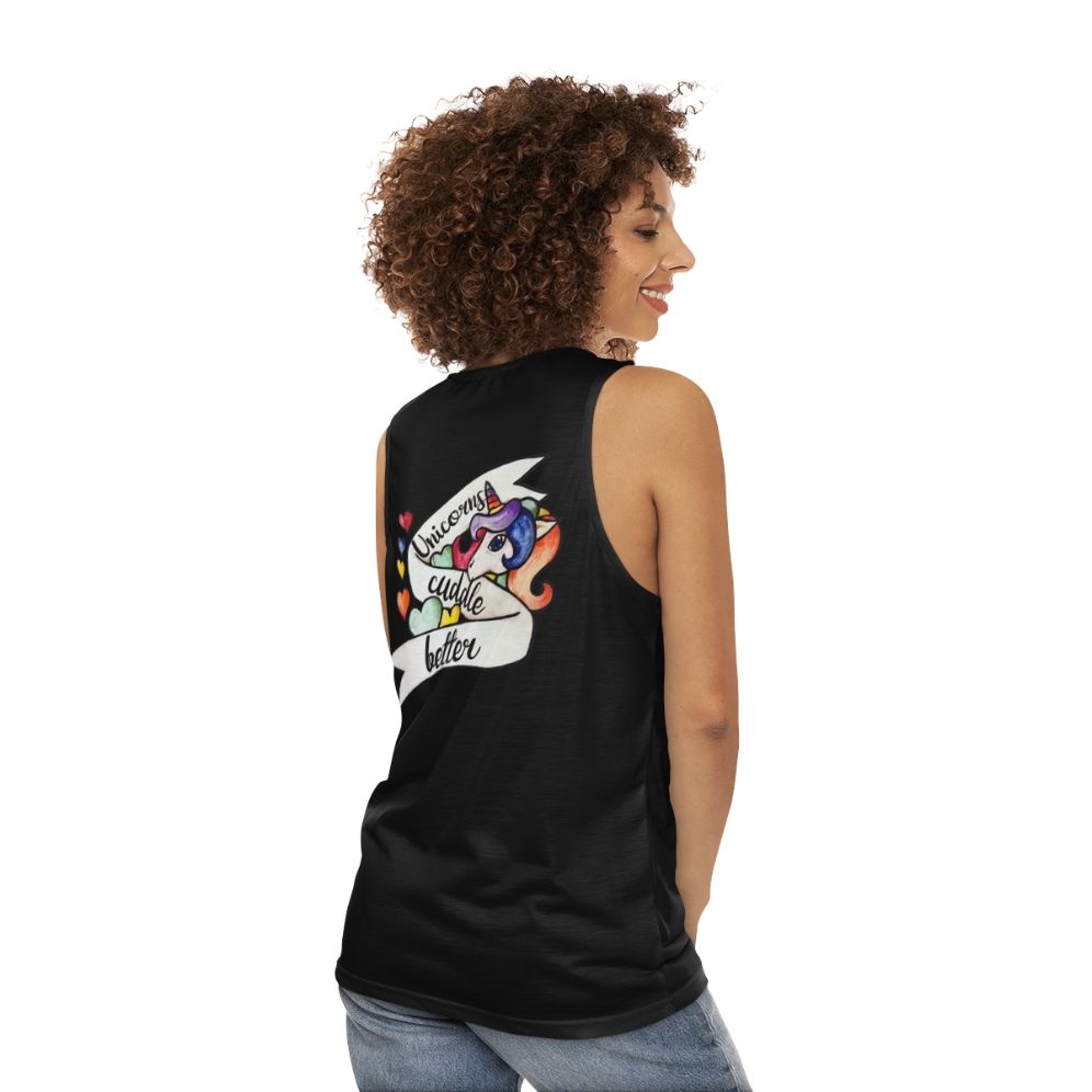 Unicorn lover unisex tank top with a playful mythical creature design - women back