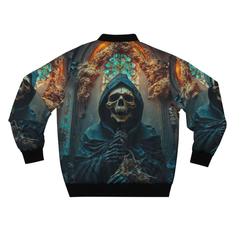 Gothic Skeleton Priest in Dark Church Bomber Jacket with Focus Keyword - Back