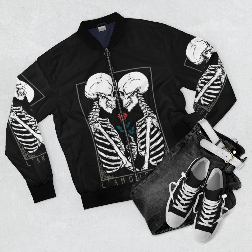 Tarot-inspired bomber jacket with skull, flower, and couple design - Flat lay