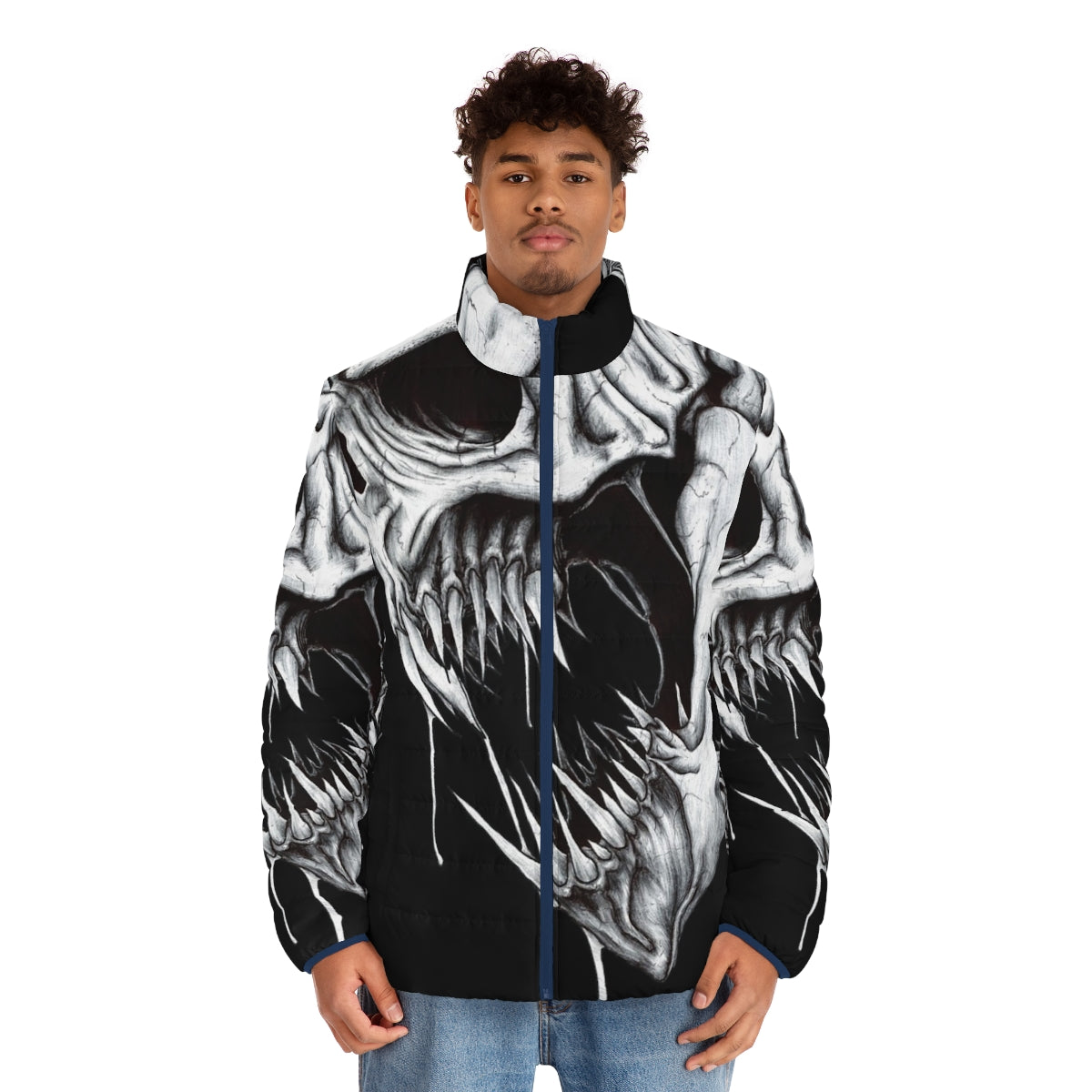 Grim Reaper puffer jacket with skull, teeth, and ominous design - men front