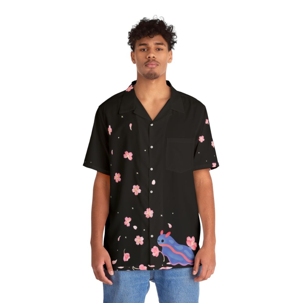 Cherry blossom Hawaiian shirt with vibrant sea slug or nudibranch design - People Front