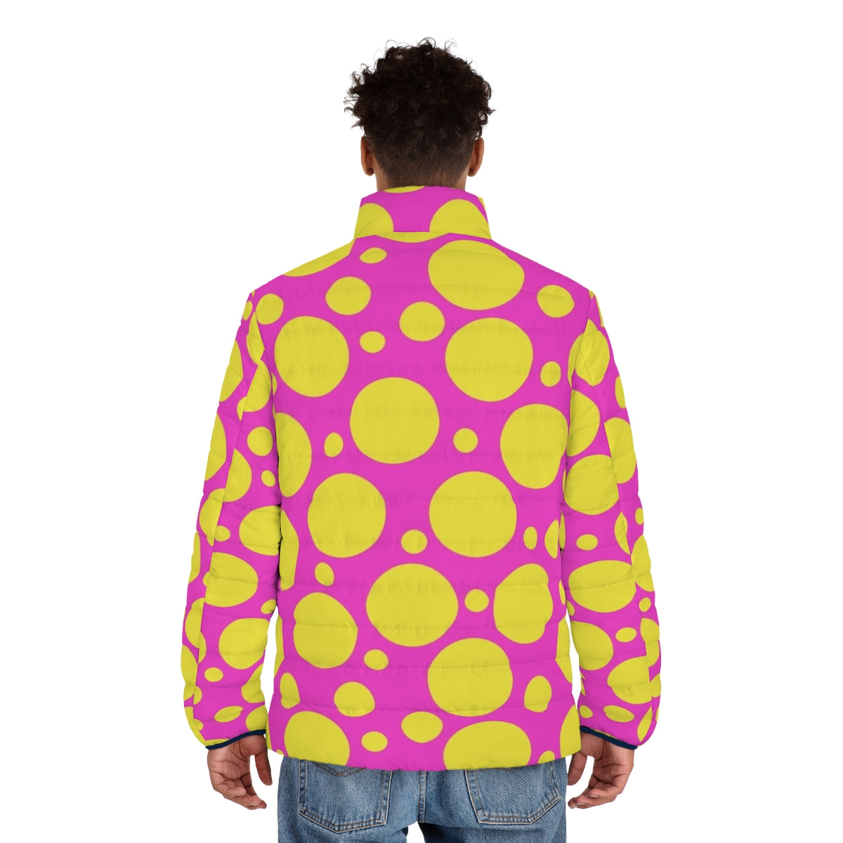 Vibrant polka dotted puffer jacket in hot pink and yellow colors - men back