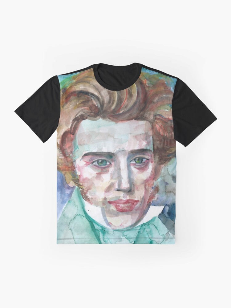 Soren Kierkegaard watercolor portrait graphic t-shirt - Flat lay