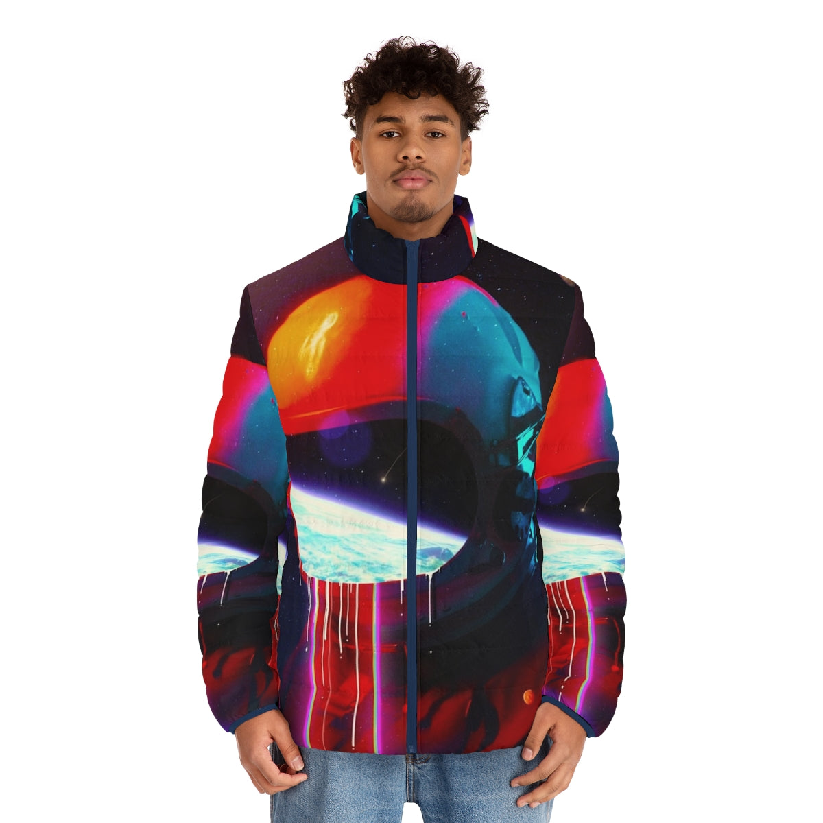 A surreal puffer jacket design featuring an astronaut in a cosmic, leaking helmet surrounded by stars, galaxies, and celestial elements. - men front