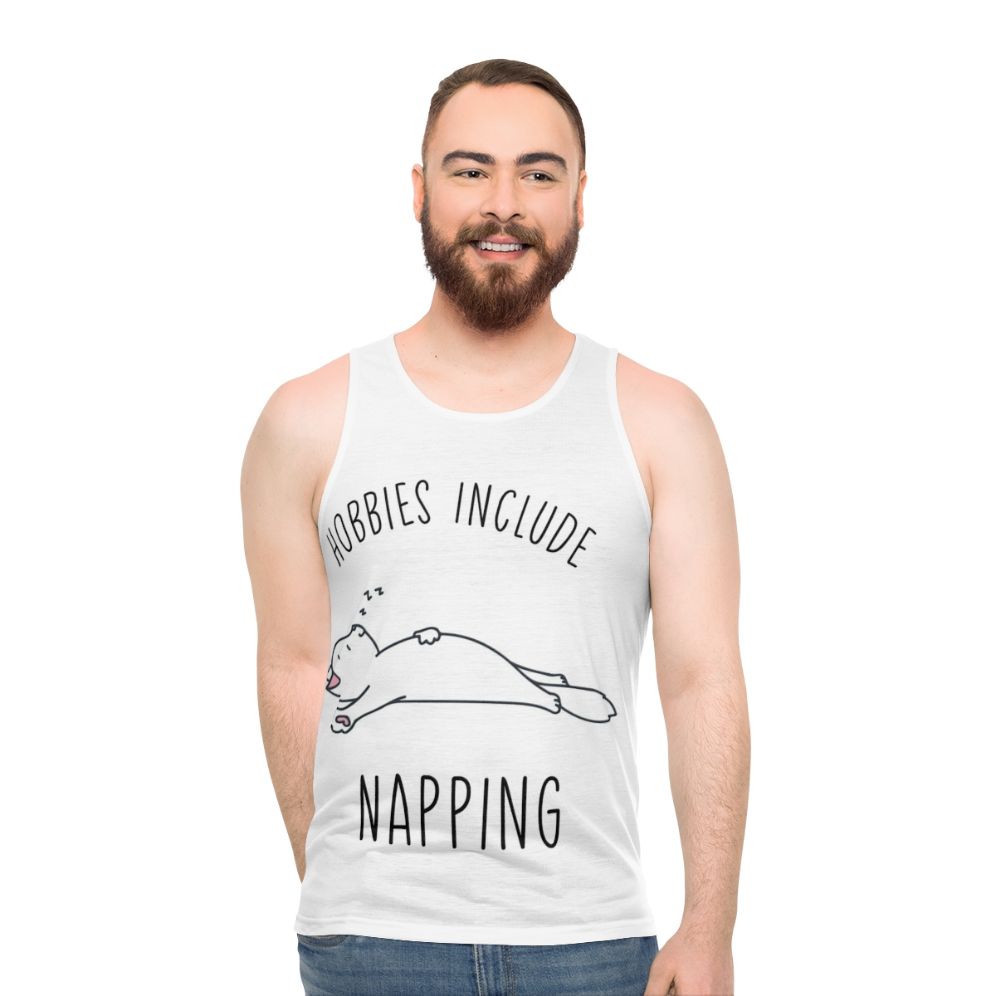 Unisex tank top with "Hobbies Include Napping" design - men