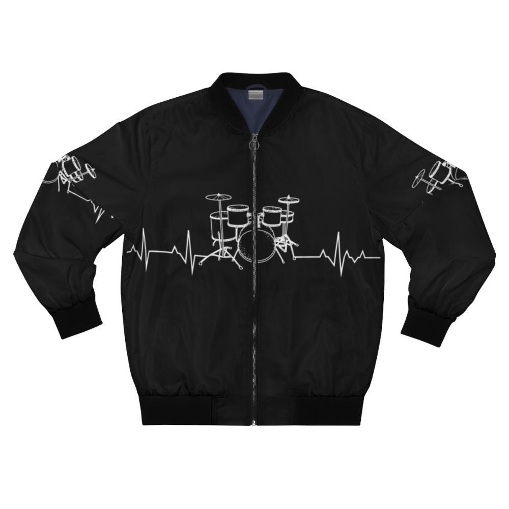 A bomber jacket with a graphic design featuring a drummer's heartbeat