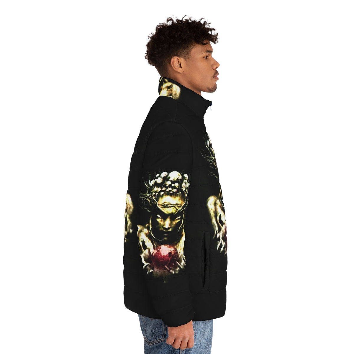 Infected Mushroom inspired puffer jacket with electronic music graphic design - men side right