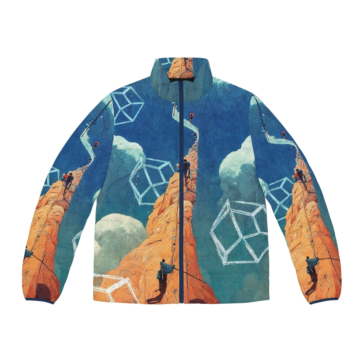 Inspire Rock Climbing Puffer Jacket with climber silhouette and abstract spire design