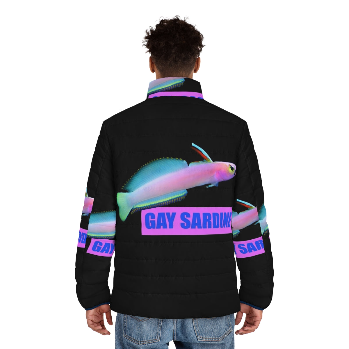 Colorful puffer jacket with a sardine graphic, representing LGBTQ+ pride and fashion - men back