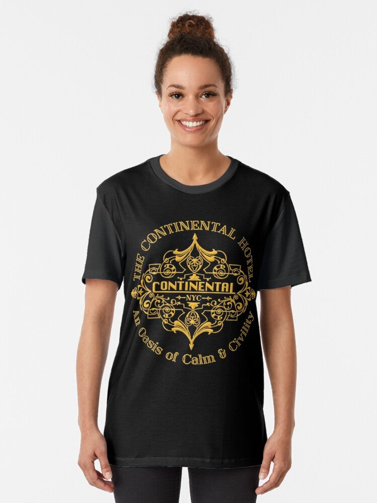 Stylish graphic t-shirt featuring the iconic Continental Hotel from the John Wick movie franchise, starring Keanu Reeves. - Women