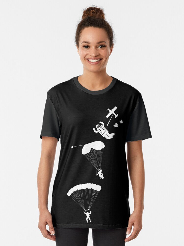 Skydiving graphic t-shirt featuring a bold design and text about the excitement of skydiving - Women