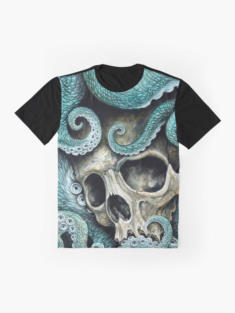 Graphic t-shirt featuring a skull and octopus design with the text "Please Love, Don't Die So Far from the Sea" - Flat lay