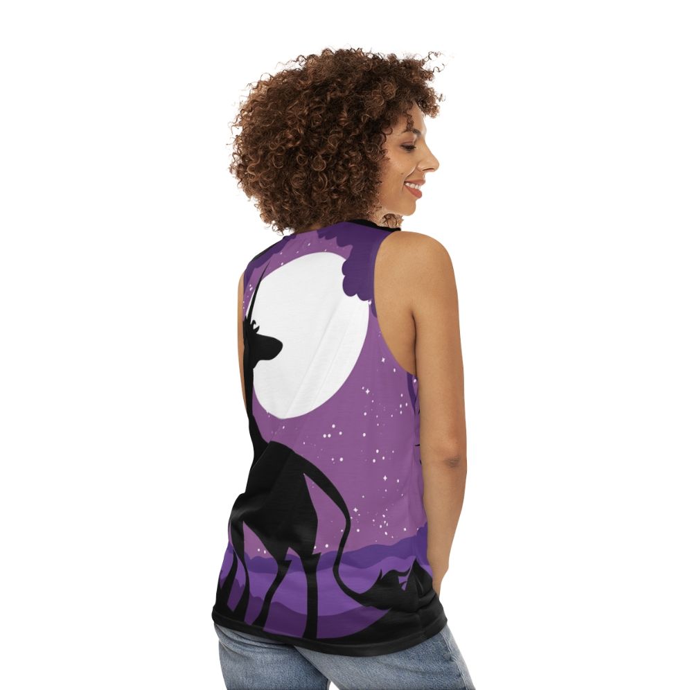 Unisex tank top with a unicorn in a moonlit forest design - women back