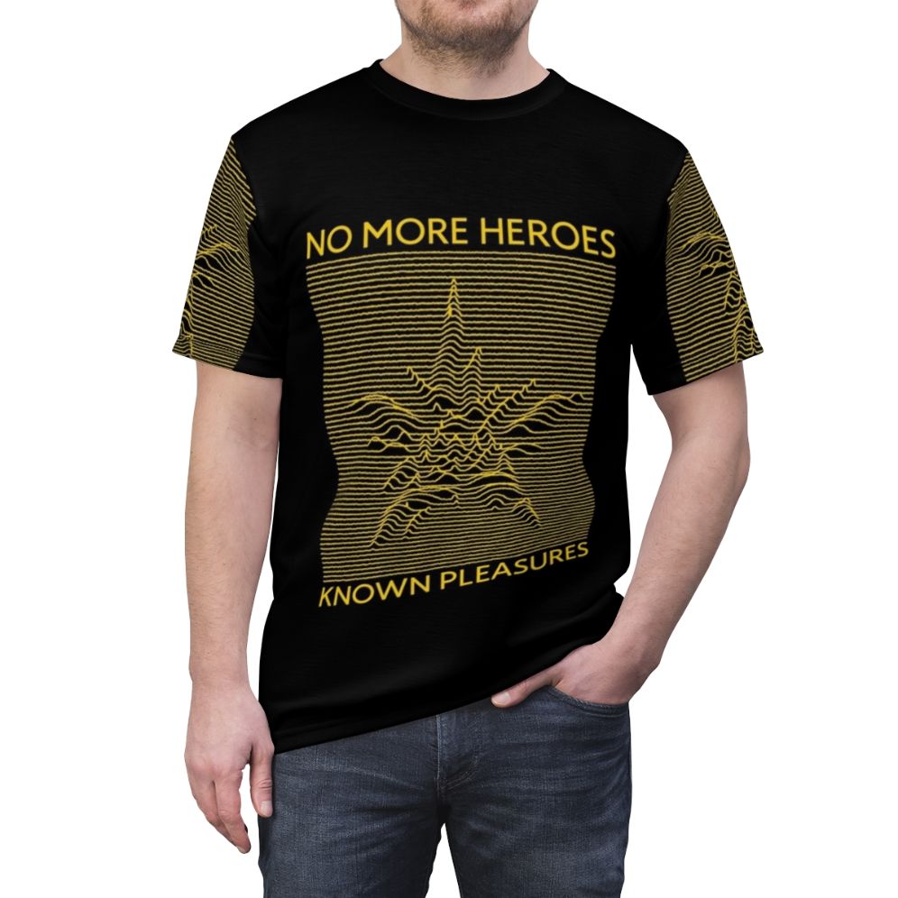 Retro gaming inspired t-shirt featuring the "No More Heroes" logo and design - men front