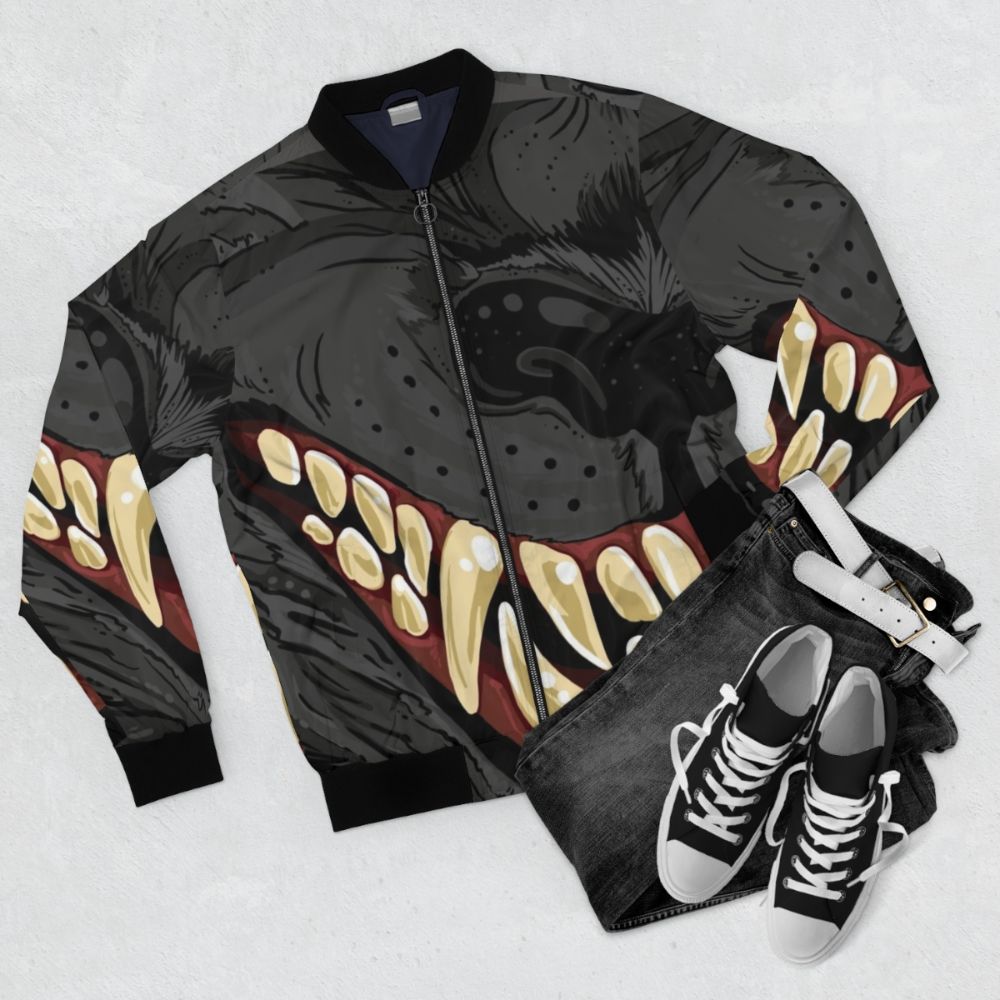 Werewolf snarl bomber jacket with fangs and mouth - Flat lay