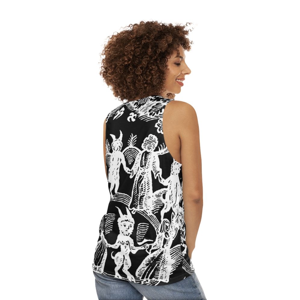 Unisex white 'Dance With The Devil' tank top featuring a vintage-style design with skull, goat, and magical elements - women back