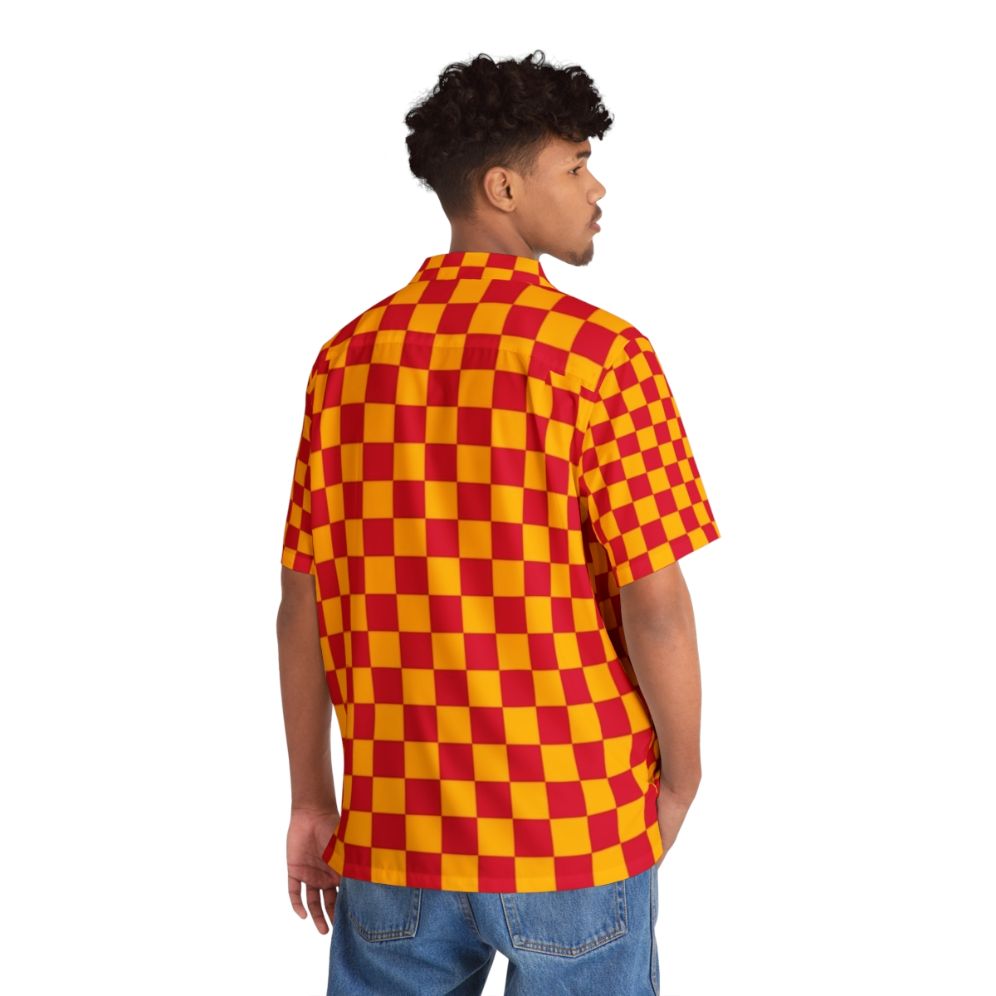 Amber Orange and Crimson Red Checkered Hawaiian Shirt - Flat lay