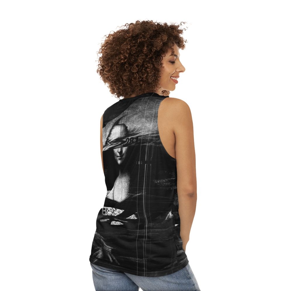 Mona Lisa Glitch Unisex Tank Top with Abstract Portrait Design - women back