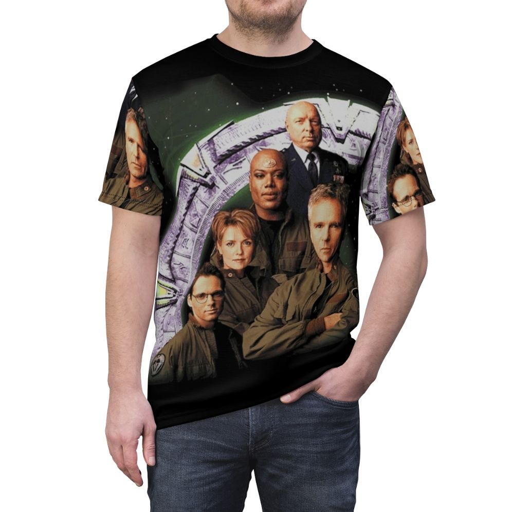 Stargate SG-1 inspired t-shirt design featuring iconic characters and symbols from the sci-fi franchise. - men front