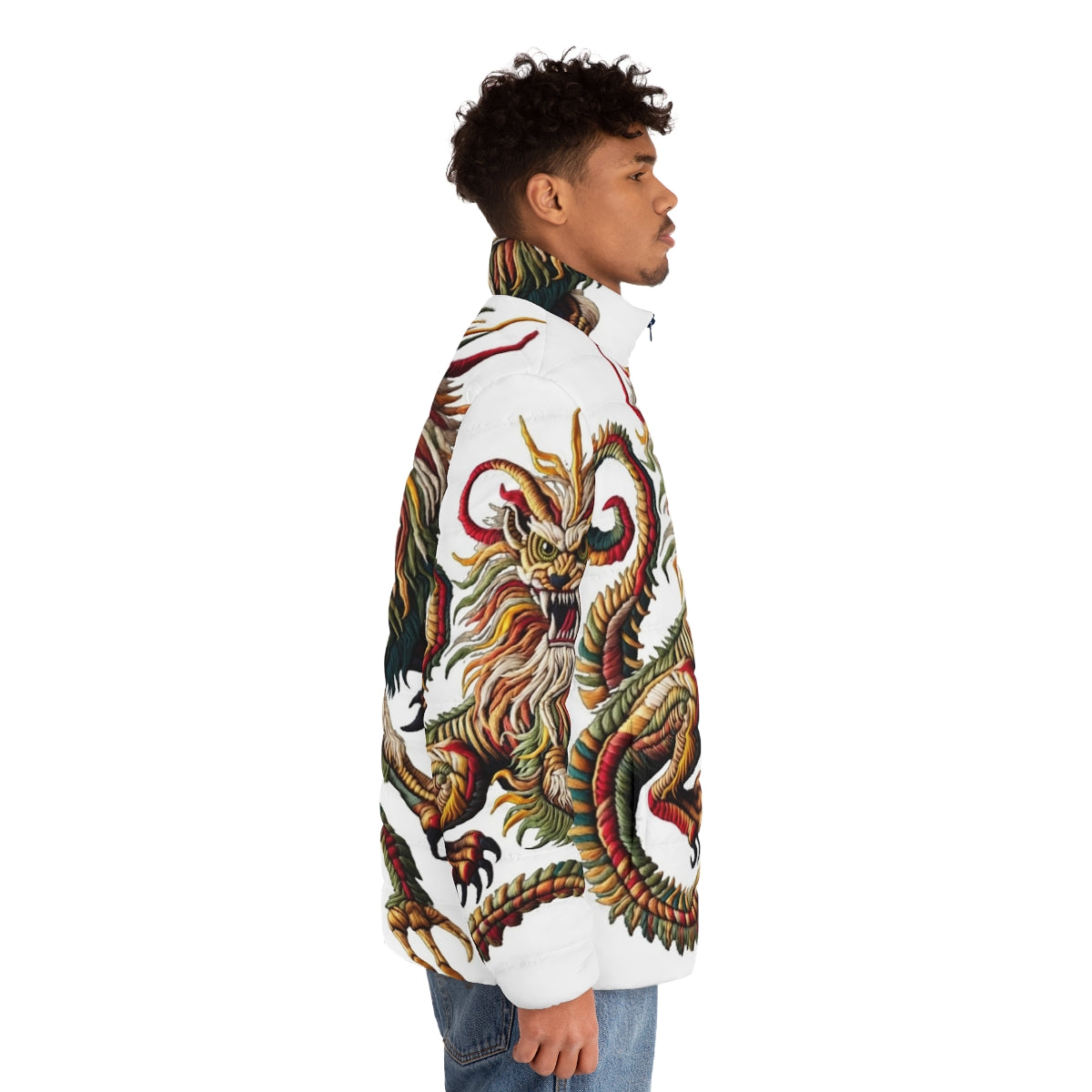 Manticore puffer jacket with embroidered fantasy animal design - men side right