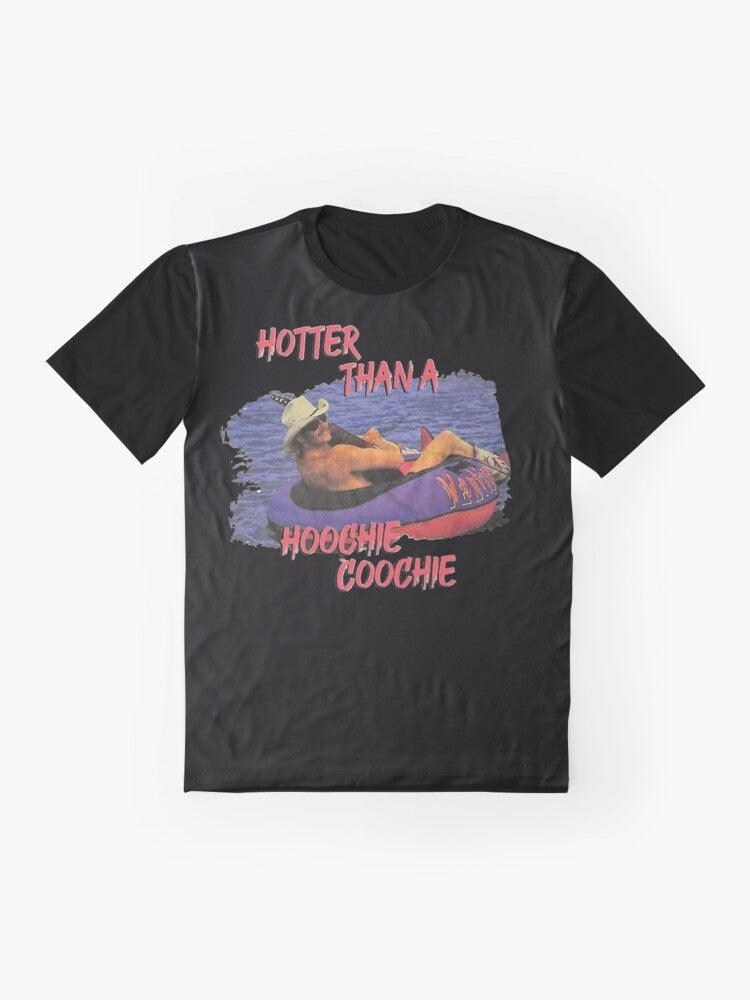 Country music graphic t-shirt featuring the text "Hotter Than A Hoochie Coochie" with a design inspired by Alan Jackson and Denise Jackson. - Flat lay