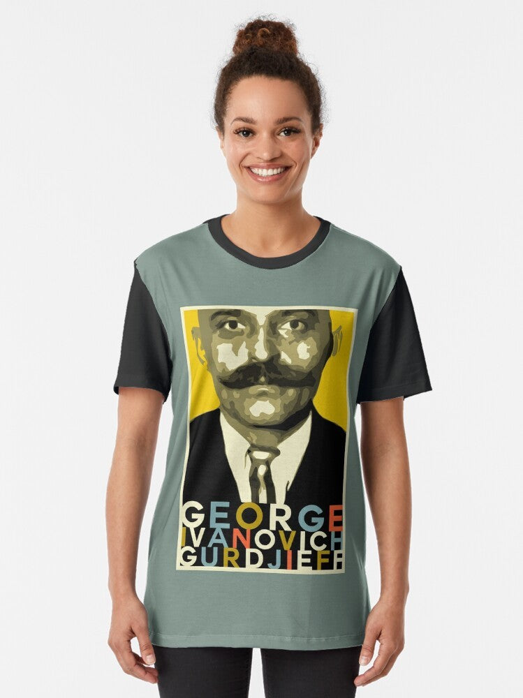 Vintage-style graphic t-shirt featuring the name and image of the philosopher Gurdjieff - Women