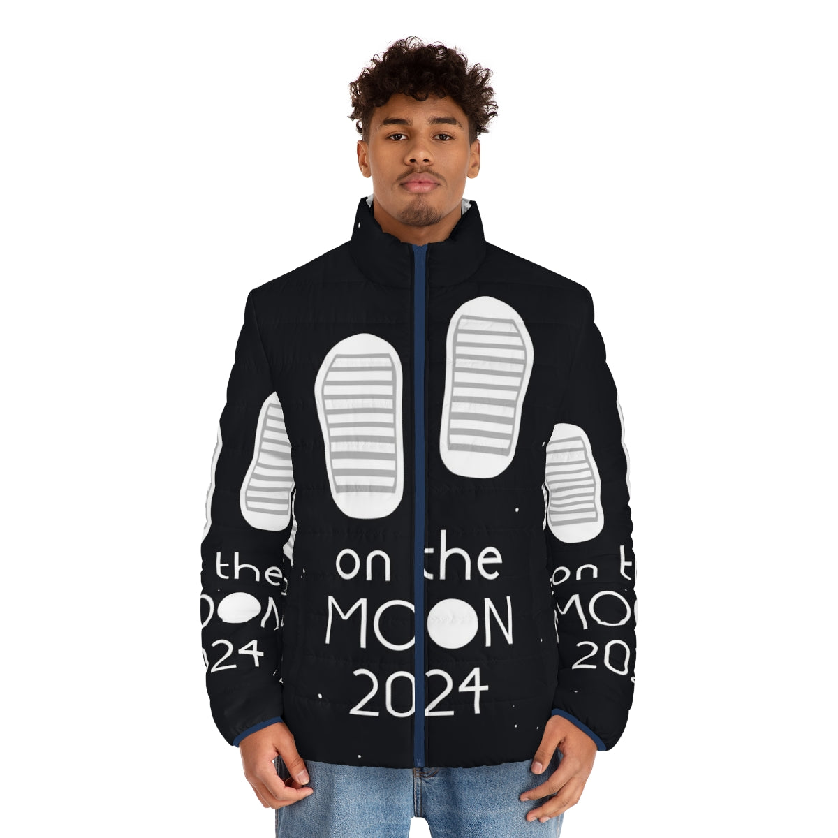 Stylish space force puffer jacket with "Boots on the Moon 2024" design - men front