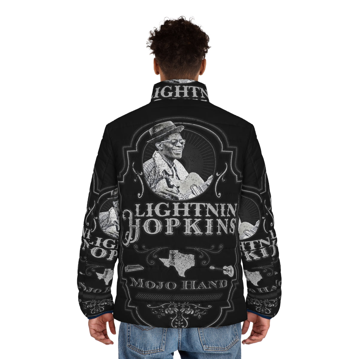 Lightnin' Hopkins Tribute Puffer Jacket with Blues Guitar Artwork - men back