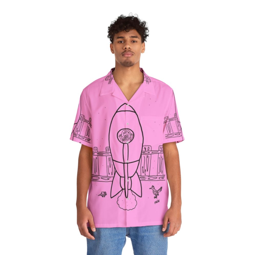 Space-themed Hawaiian shirt with rocket ship and cartoon graphics - People Front