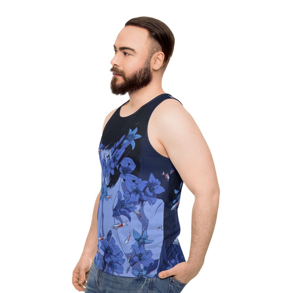 Retro anime-inspired unisex blue tank top - men side