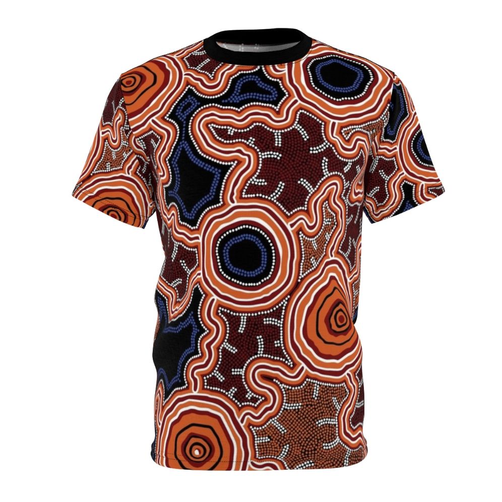 Authentic Aboriginal dot art painting depicting pathways to water on a high-quality t-shirt