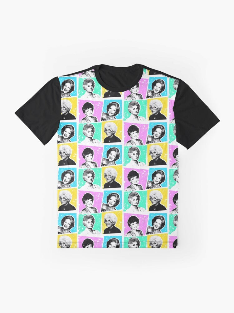 The Golden Girls Pop Art Graphic T-Shirt featuring the iconic characters Betty White, Bea Arthur, Rue McClanahan, and Estelle Getty. - Flat lay