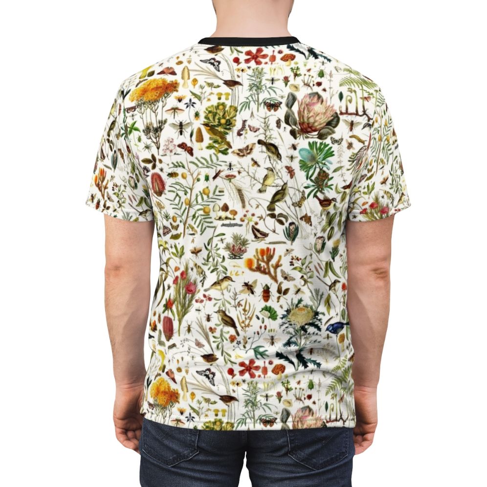 Detailed, colorful t-shirt design featuring a repeating pattern of Australian flora and fauna, including butterflies, birds, and native plants. - men back