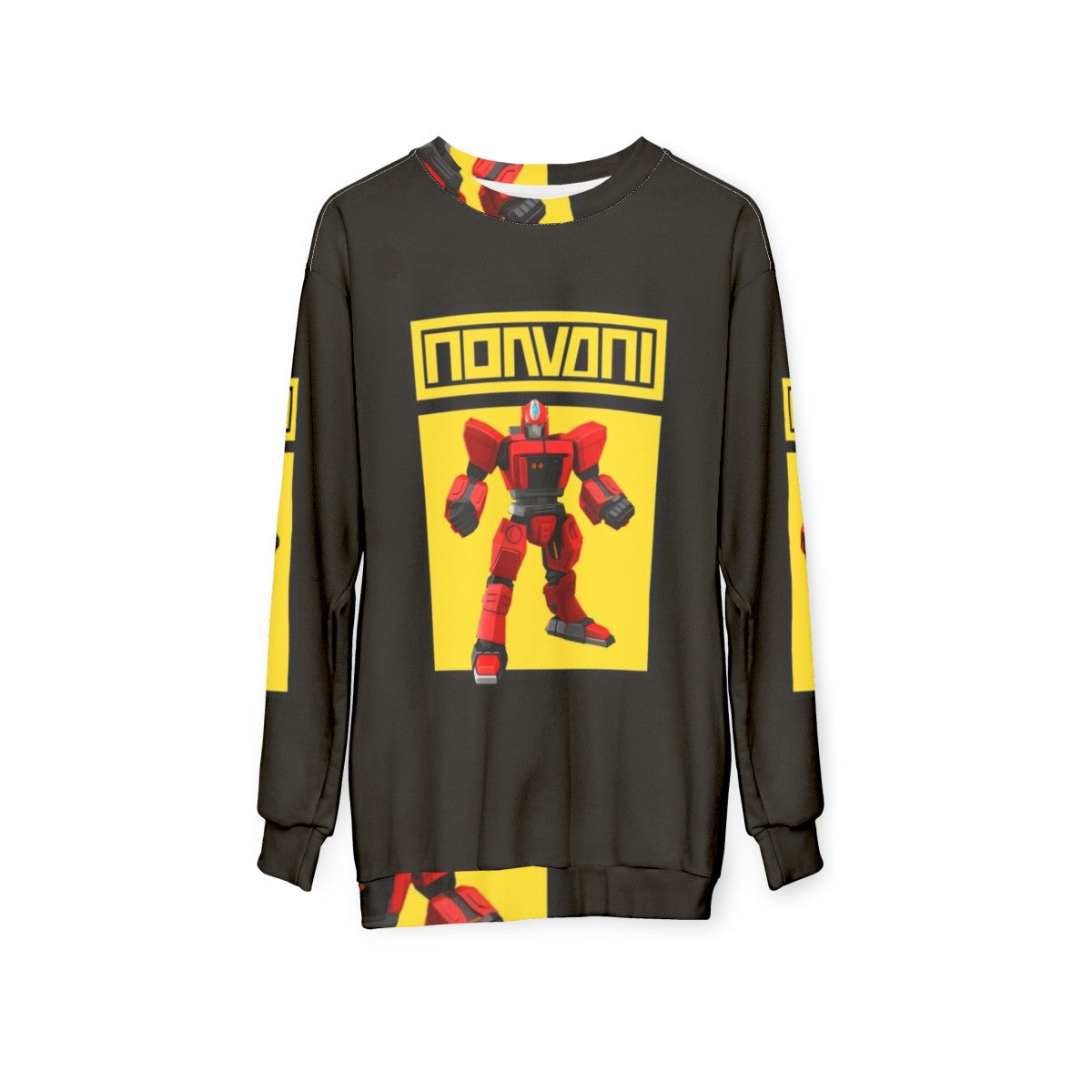 Stylish robot hero yellow sweatshirt with gaming and Animal Crossing inspired design - hanging