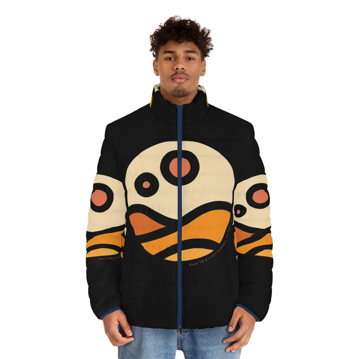 Dune Arrakis Desert Puffer Jacket featuring a sand worm and desert landscape - men front