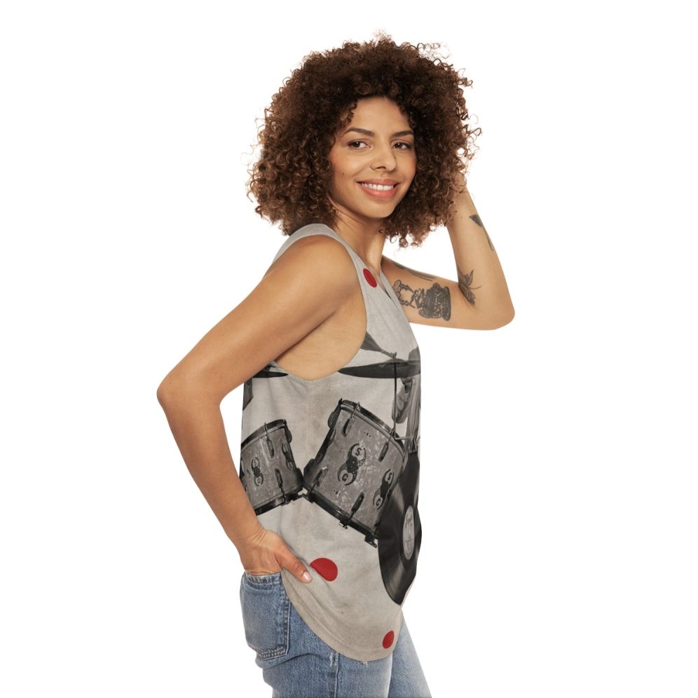 Surreal giraffe drummer anthropomorphic unisex tank top - women side