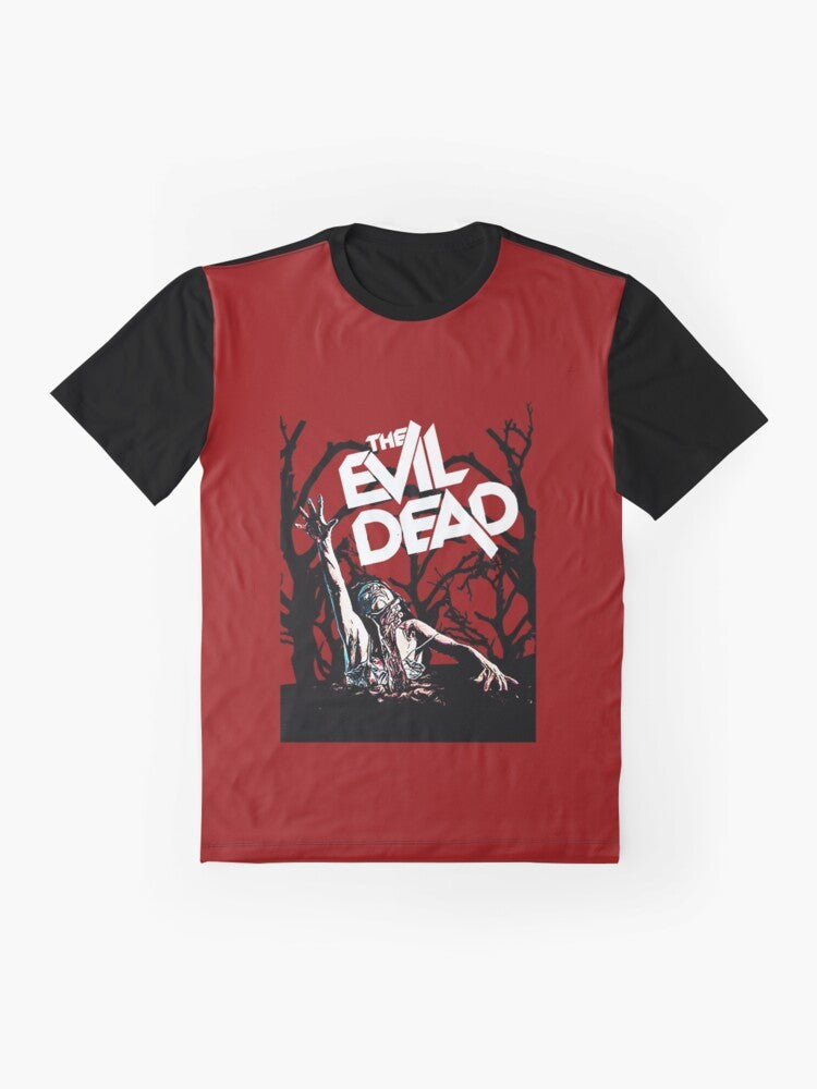 Evil Dead graphic t-shirt featuring Ash Williams and his iconic boomstick - Flat lay