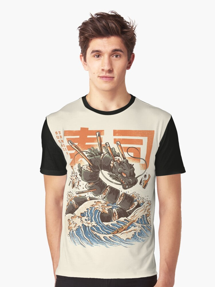 Illustration of an angry, orange dragon devouring sushi amid a Japanese-inspired wave pattern - Men