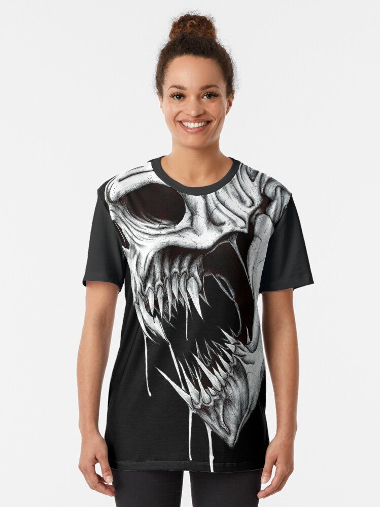 A graphic t-shirt featuring the ominous Grim Reaper with a skull, teeth, and fangs - Women