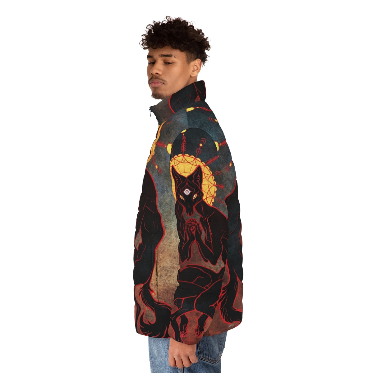 A trippy puffer jacket with a third eye design, representing shared consciousness and twin spirit. - men side left