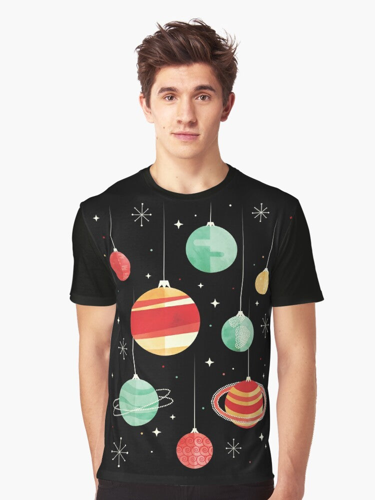 Christmas-themed graphic t-shirt featuring planets, stars, and the universe in a vintage, retro style - Men