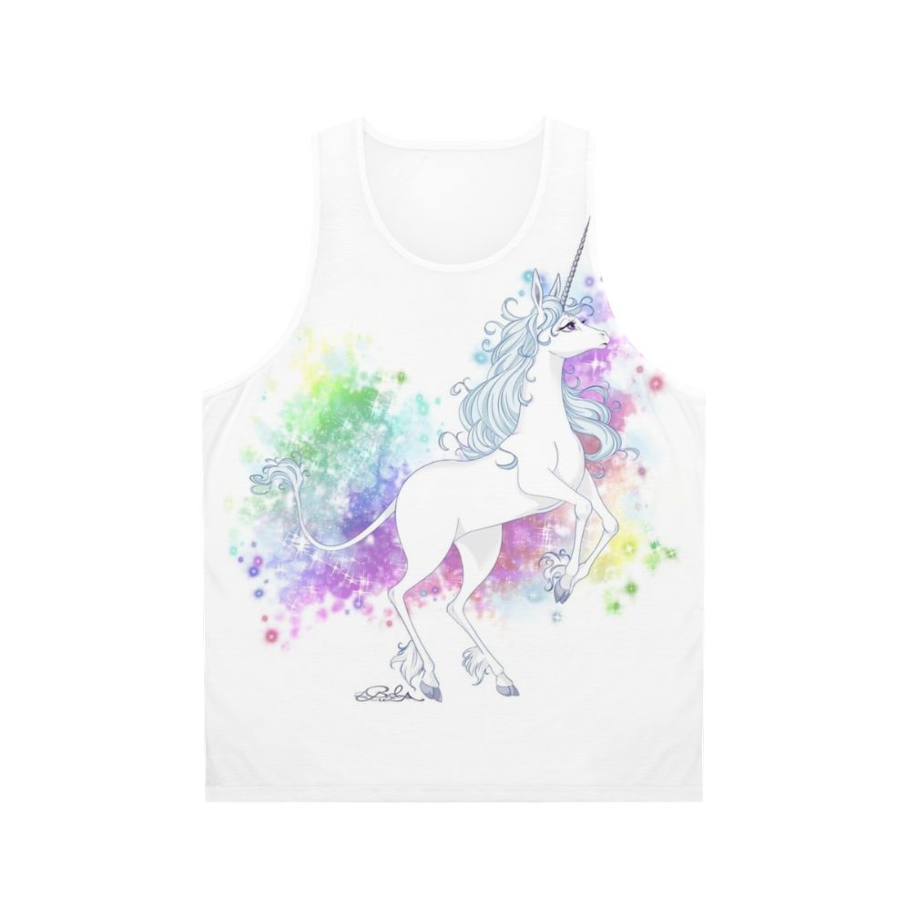 Transforming unicorn graphic on a unisex tank top