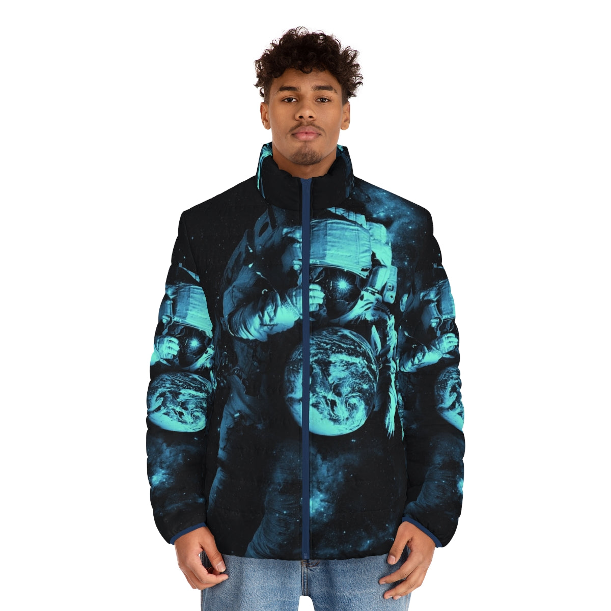 Puffer jacket with a surreal, cosmic design featuring an astronaut, planets, and the Milky Way galaxy. - men front