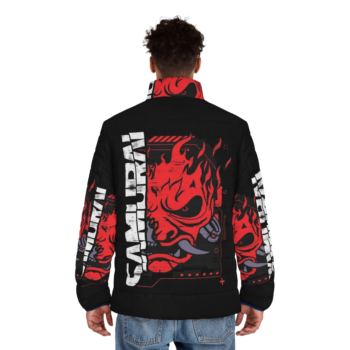 Cyberpunk Samurai Puffer Jacket with Futuristic Anime Design - men back