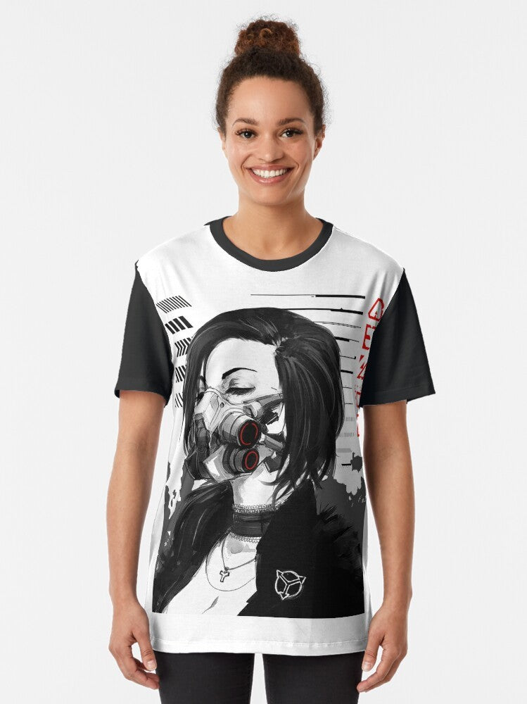 Cyberpunk vaporwave woman in gas mask, futuristic urban style graphic t-shirt - Women