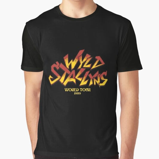 Wyld Stallyns 1989 graphic t-shirt featuring Bill and Ted, characters from the cult classic movie Bill and Ted's Excellent Adventure, starring Keanu Reeves.