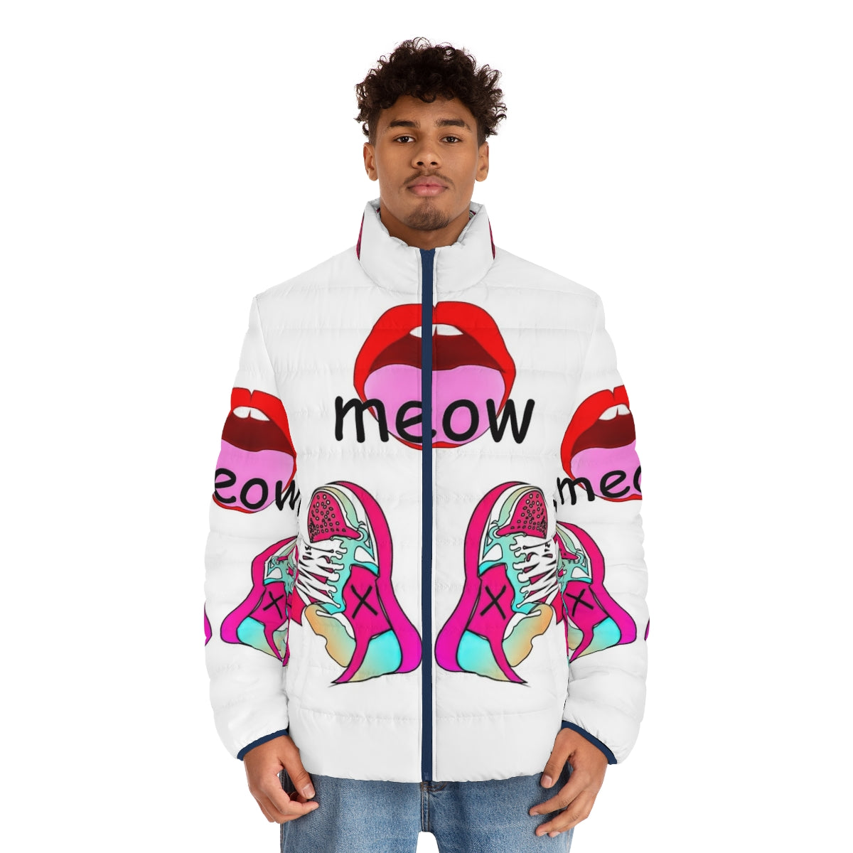 Meme puffer jacket featuring vibrant graphic design and trendy pop culture elements - men front