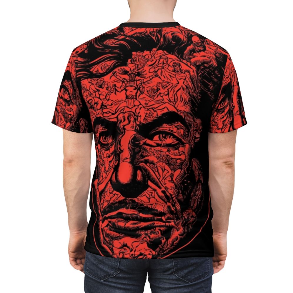 Vintage-inspired t-shirt design featuring Edgar Allan Poe's 'The Masque of the Red Death' horror theme - men back