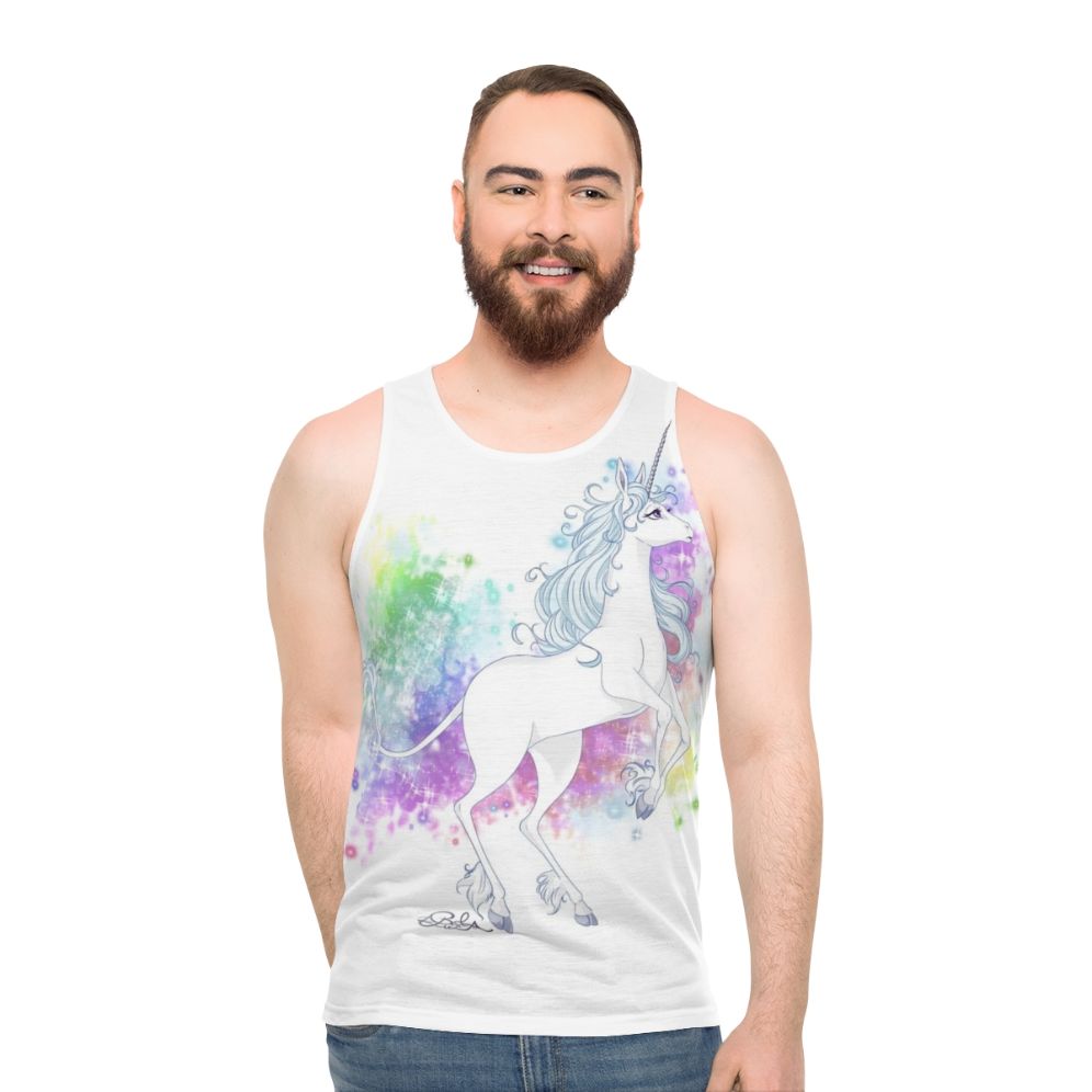 Transforming unicorn graphic on a unisex tank top - men